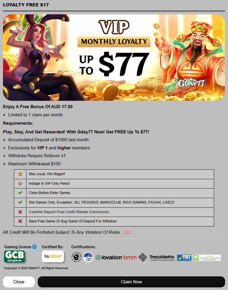 loyalty free cash gday77 casino